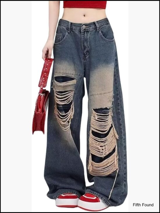 Denim - Baggy High Waisted Ripped Straight Leg Jeans Distressed Y2K Grunge